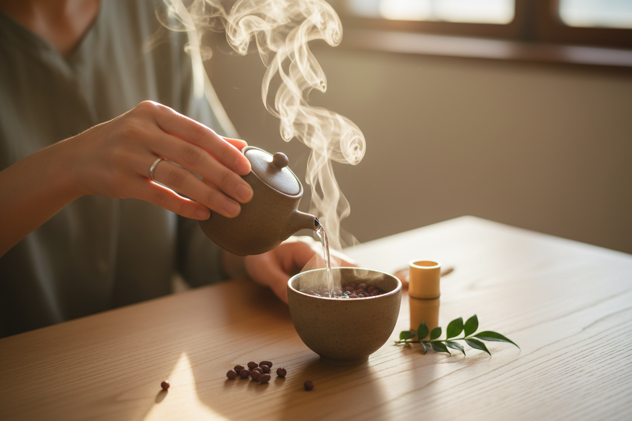 Hands preparing bean tea ritual